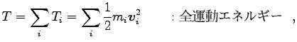 $\displaystyle T=\sum_i T_i=\sum_i \frac{1}{2} m_i {\boldsymbol v}^2_i \qquad
: \hbox{全運動エネルギー}  ,$